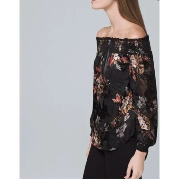 White House Black Market Off-The-Shoulder Floral Burnout Silk Blouse Top Size S - Picture 2 of 12
